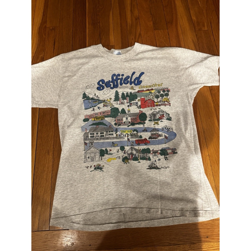 Vintage Suffield Connecticut Town Map Shirt Adult M Illustrated Aerial View 1995